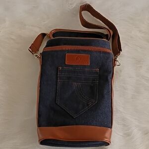 Denim and Brown Faux Leather Wine Bag
